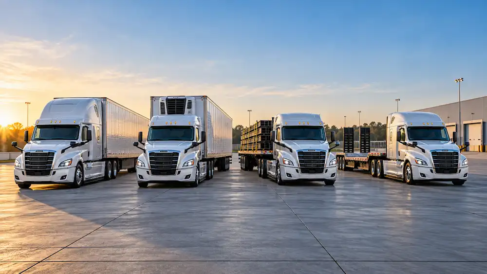 Fleet of semi-trucks with dry van, reefer, flatbed and step deck trailers parked at a terminal