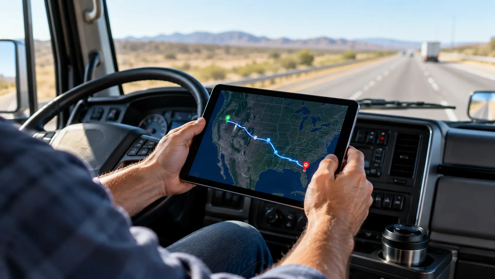 Owner-operator reviewing a dispatched load route on a tablet inside a truck cab