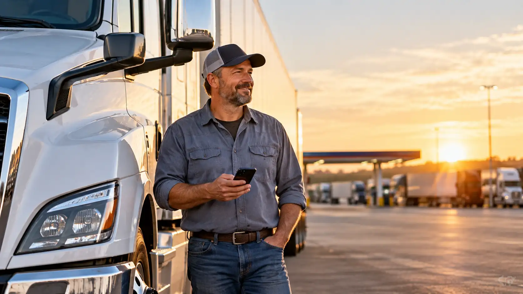 Owner-operator truck driver standing beside his semi-truck holding a phone