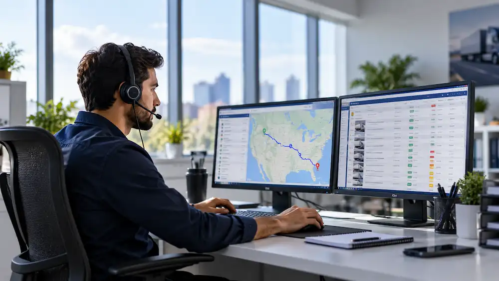 Load & Go truck dispatcher with a headset planning a route on a load board, available 24/7